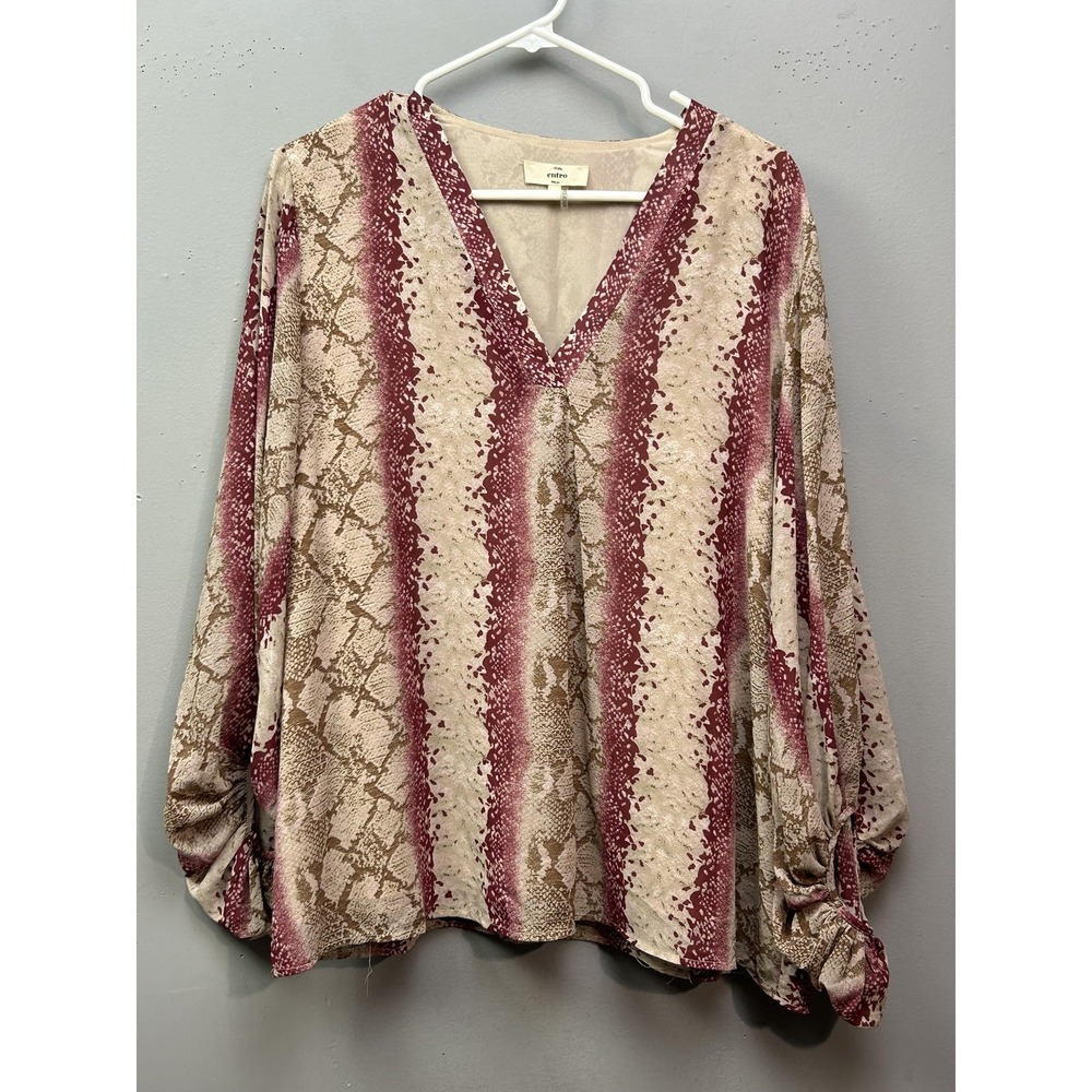 Entro Blouse Womens Large Beige Burgundy Snake Print V Neck Long Sleeve